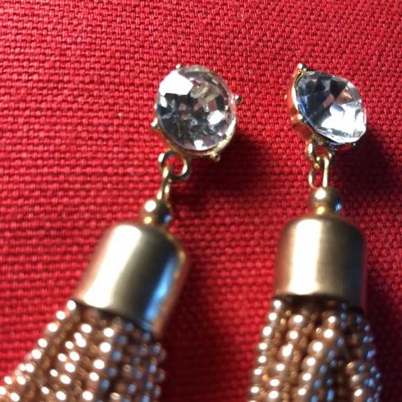 Diamond Style Rhinestone & Chain Dangle Earrings Gold Toned Pierced Back - Picture 4 of 8